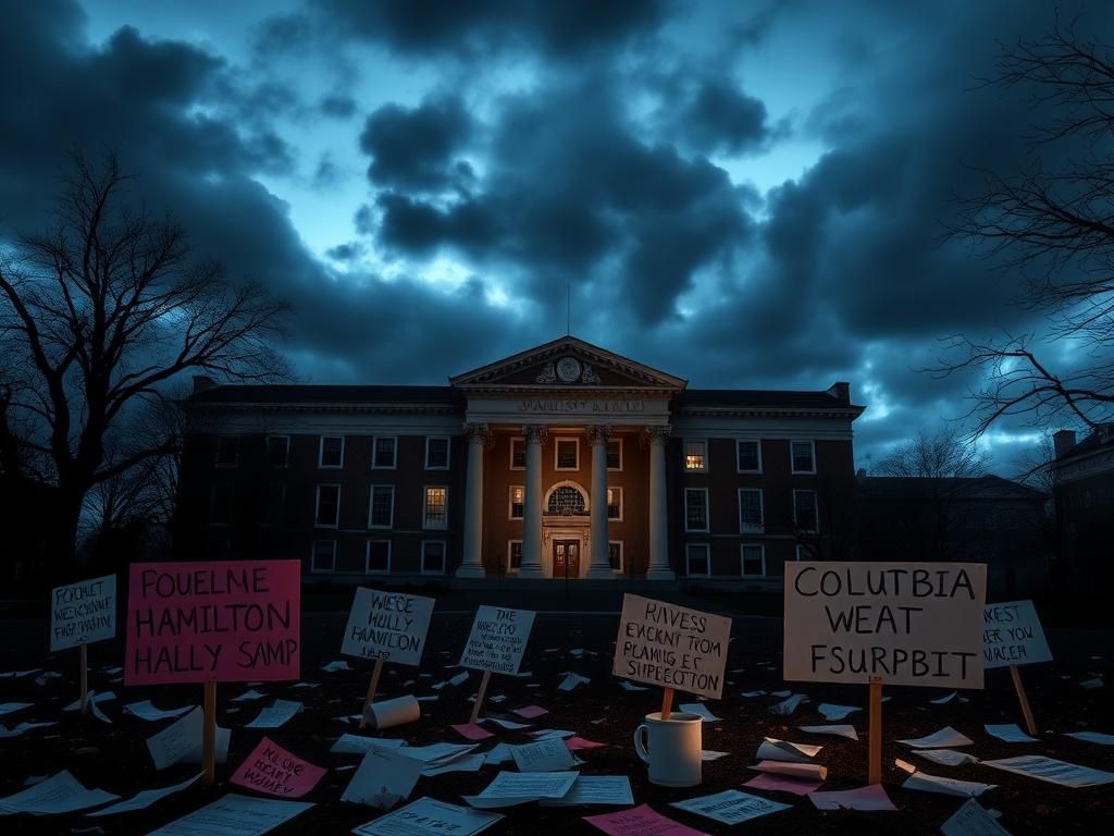 Flick International A somber view of Hamilton Hall at Columbia University during twilight with protest signs in the foreground.