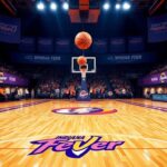 Flick International Dynamic basketball court scene featuring a soaring ball towards a hoop under bright arena lights