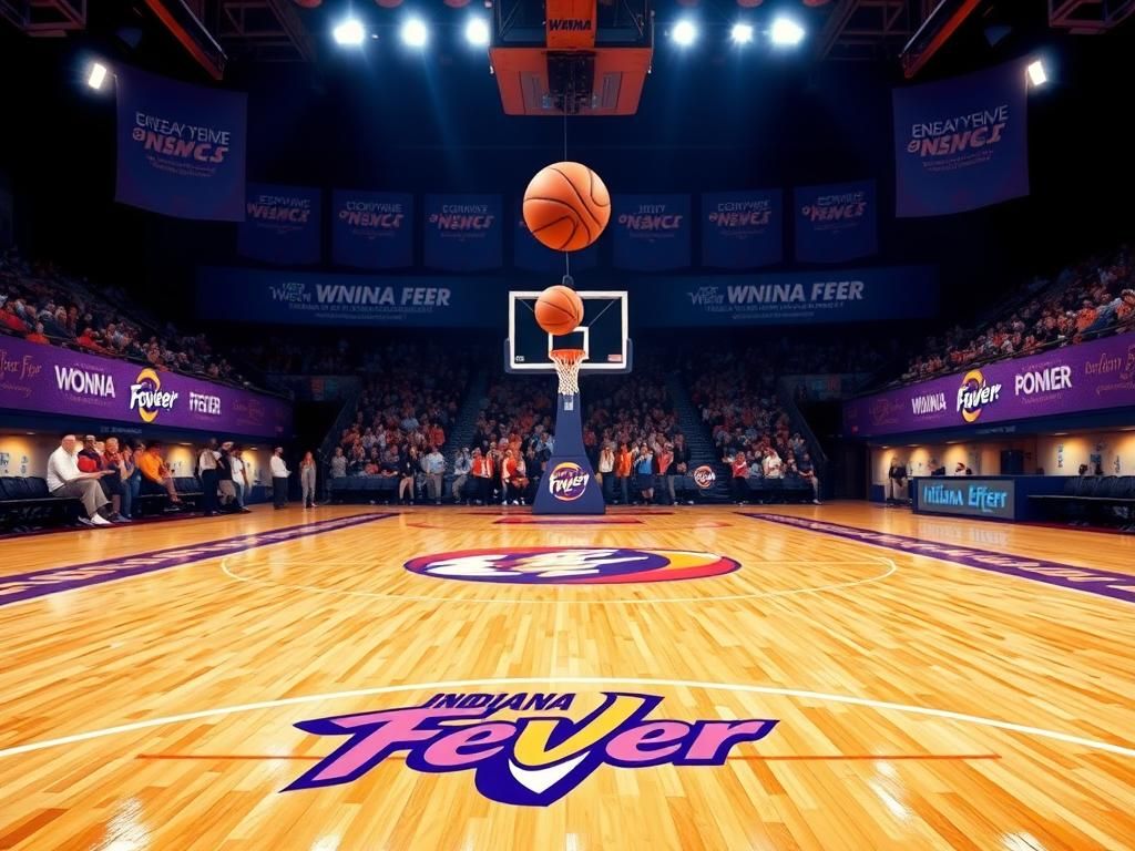 Flick International Dynamic basketball court scene featuring a soaring ball towards a hoop under bright arena lights