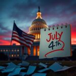 Flick International U.S. Capitol building at dusk with American flag and legislative papers