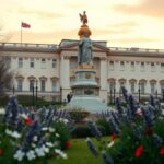 Flick International Serene depiction of the Queen Victoria Memorial outside Buckingham Palace, symbolizing unity