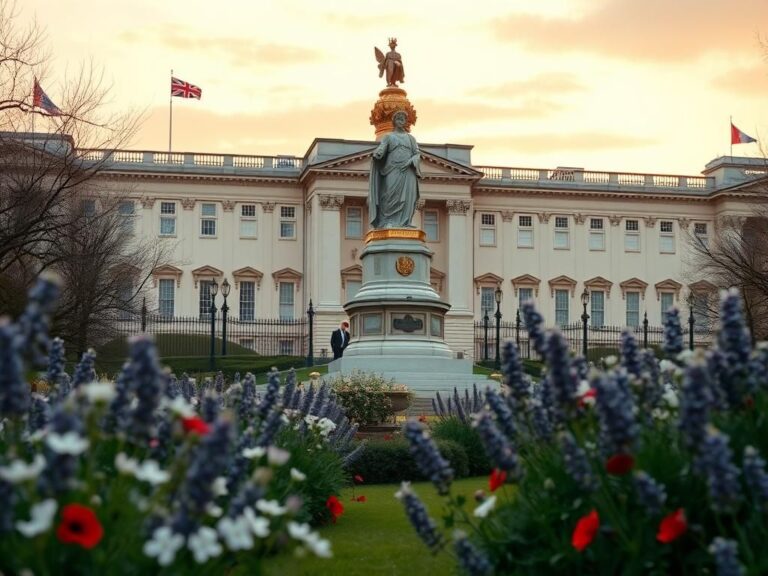 Flick International Serene depiction of the Queen Victoria Memorial outside Buckingham Palace, symbolizing unity