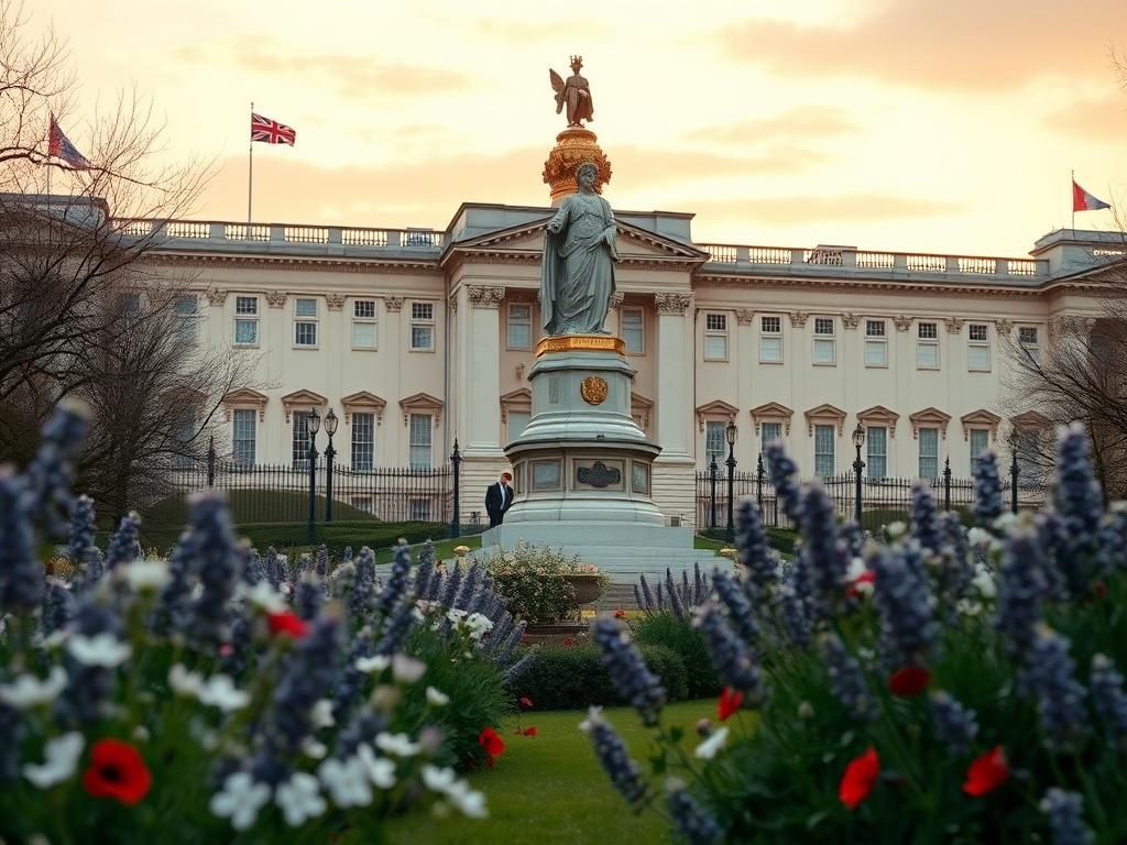 Flick International Serene depiction of the Queen Victoria Memorial outside Buckingham Palace, symbolizing unity