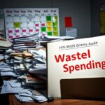 Flick International Cluttered administrative office desk with disorganized paperwork symbolizing wasteful spending