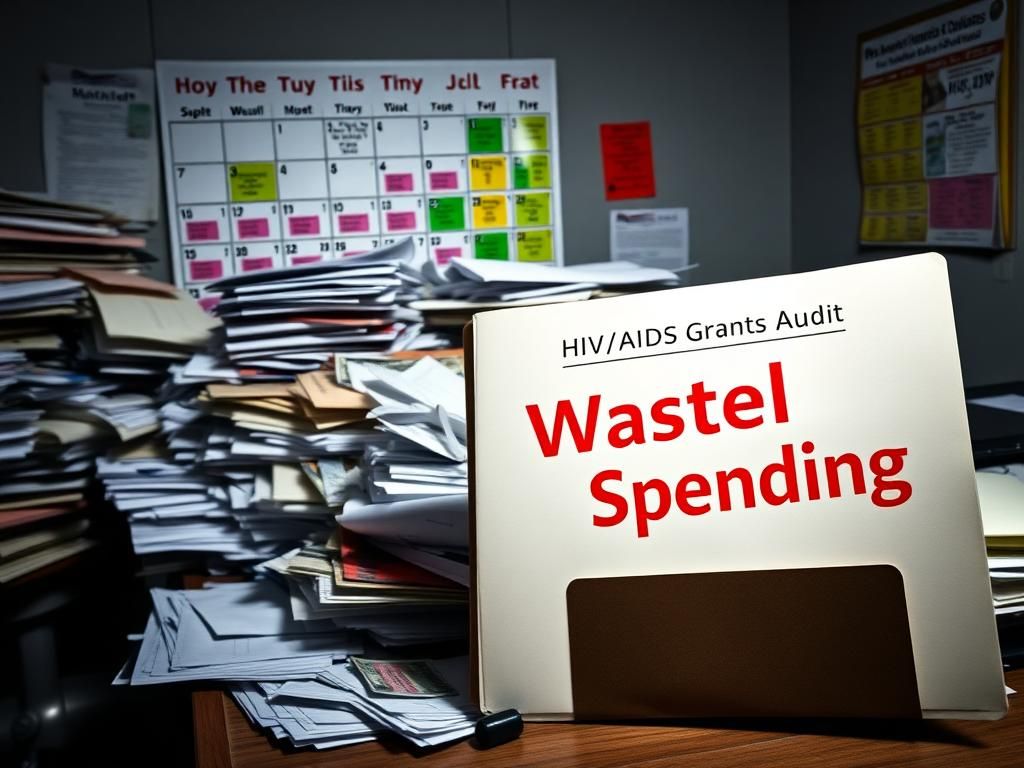 Flick International Cluttered administrative office desk with disorganized paperwork symbolizing wasteful spending