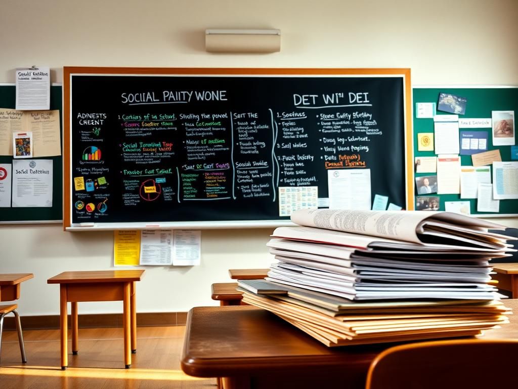 Flick International Classroom setting featuring a blackboard with charts related to diversity, equity, and inclusion