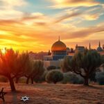 Flick International A serene sunset view of the Dome of the Rock in Jerusalem with olive trees and Old City walls