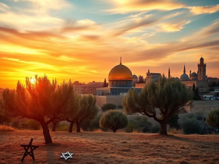 Flick International A serene sunset view of the Dome of the Rock in Jerusalem with olive trees and Old City walls