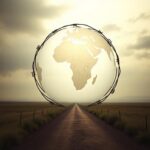 Flick International Abstract representation of a globe focusing on Rwanda surrounded by barbed wire symbolizing migration discussions