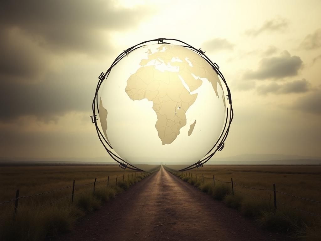 Flick International Abstract representation of a globe focusing on Rwanda surrounded by barbed wire symbolizing migration discussions