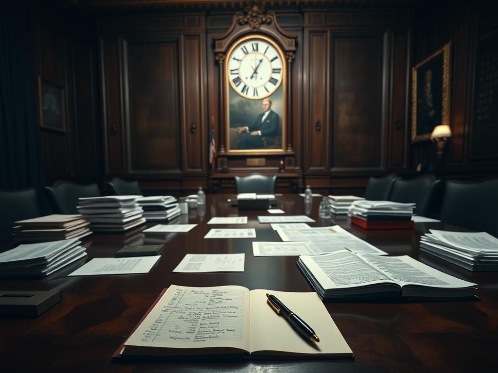 Flick International Dimly lit conference room with documents indicating urgent discussions