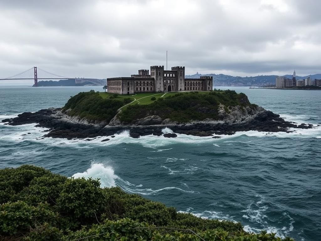 Flick International Aerial view of Alcatraz Island with crumbling prison against an overcast sky