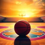 Flick International A vibrant basketball court symbolizing hope and opportunity with a basketball in the foreground