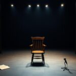 Flick International Dimly lit theater stage with an old-fashioned wooden chair representing Charley Scalies' legacy