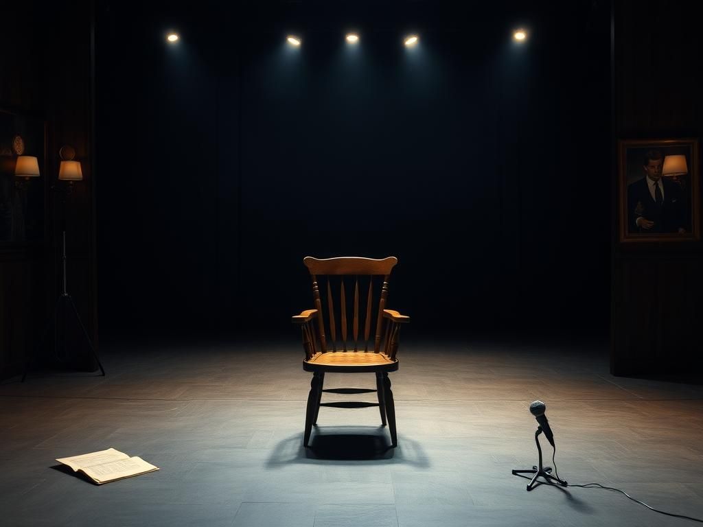 Flick International Dimly lit theater stage with an old-fashioned wooden chair representing Charley Scalies' legacy