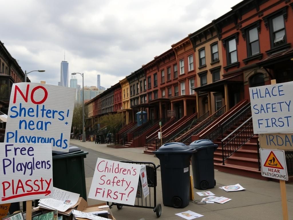 Flick International Protesters holding handmade signs against a homeless shelter in Sheepshead Bay, Brooklyn