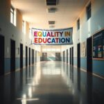 Flick International Empty school hallway with doors and a banner reading 'EQUALITY IN EDUCATION'