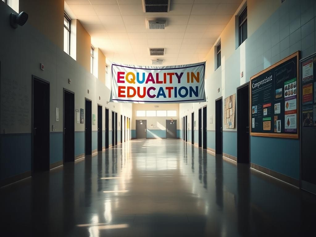 Flick International Empty school hallway with doors and a banner reading 'EQUALITY IN EDUCATION'