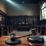 Flick International Dramatic courtroom scene with a judge's bench and gavel