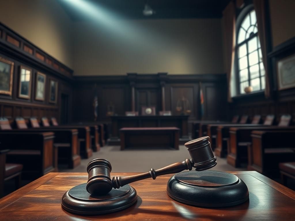 Flick International Dramatic courtroom scene with a judge's bench and gavel