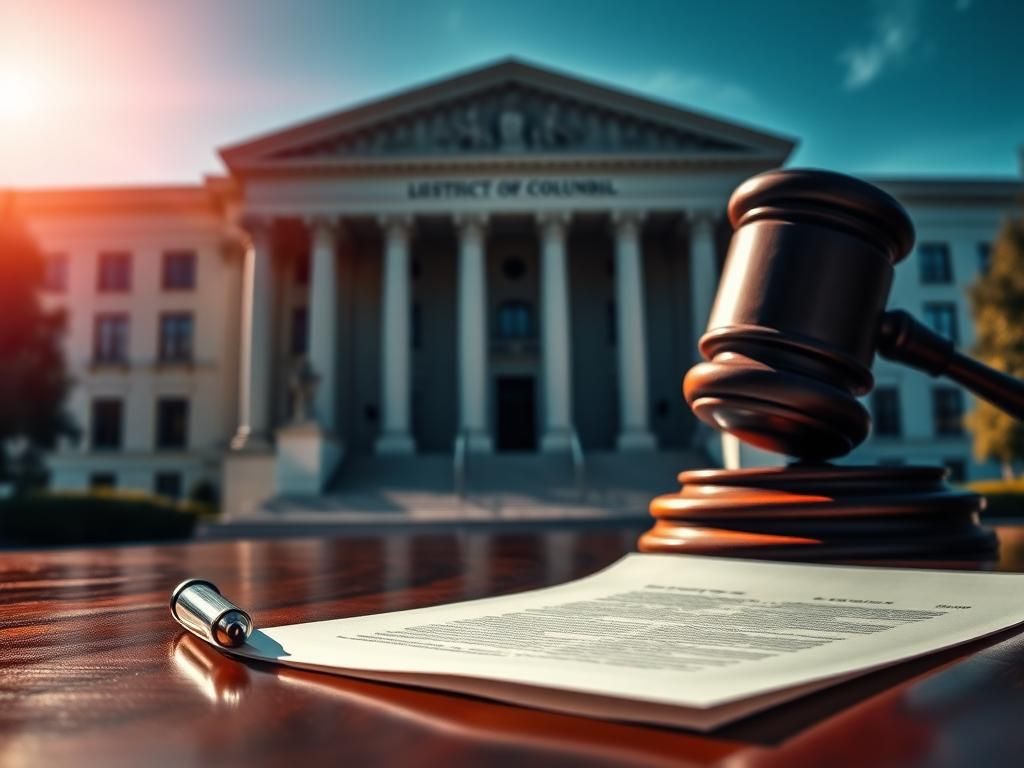 Flick International A detailed view of a pen and letter on a polished wooden desk with the U.S. District Court in the background