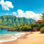 Flick International Lush Hawaiian landscape with green mountains and a tranquil beach