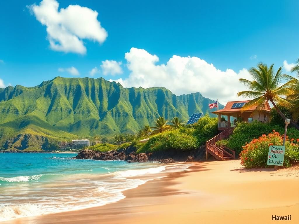 Flick International Lush Hawaiian landscape with green mountains and a tranquil beach