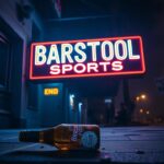 Flick International A dimly lit urban scene outside a bar showing a broken beer bottle and a glowing Barstool Sports sign