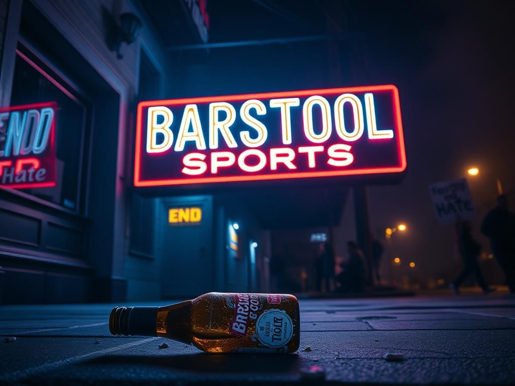 Flick International A dimly lit urban scene outside a bar showing a broken beer bottle and a glowing Barstool Sports sign