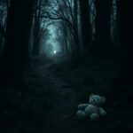 Flick International Abandoned teddy bear in a dark forest symbolizing lost innocence
