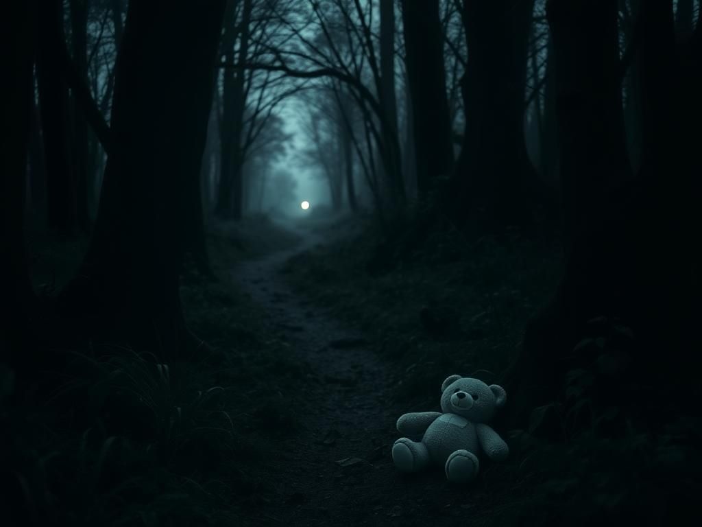 Flick International Abandoned teddy bear in a dark forest symbolizing lost innocence