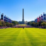 Flick International A vibrant scene of the National Mall showing the Washington Monument and U.S. Capitol with NFL banners in preparation for the 2027 NFL Draft.