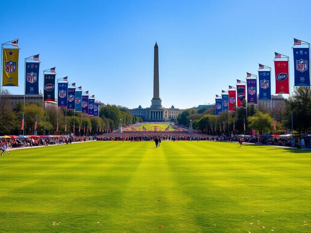 Flick International A vibrant scene of the National Mall showing the Washington Monument and U.S. Capitol with NFL banners in preparation for the 2027 NFL Draft.