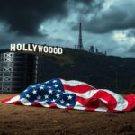 Flick International A stack of film reels symbolizing foreign movies with the Hollywood sign and storm clouds