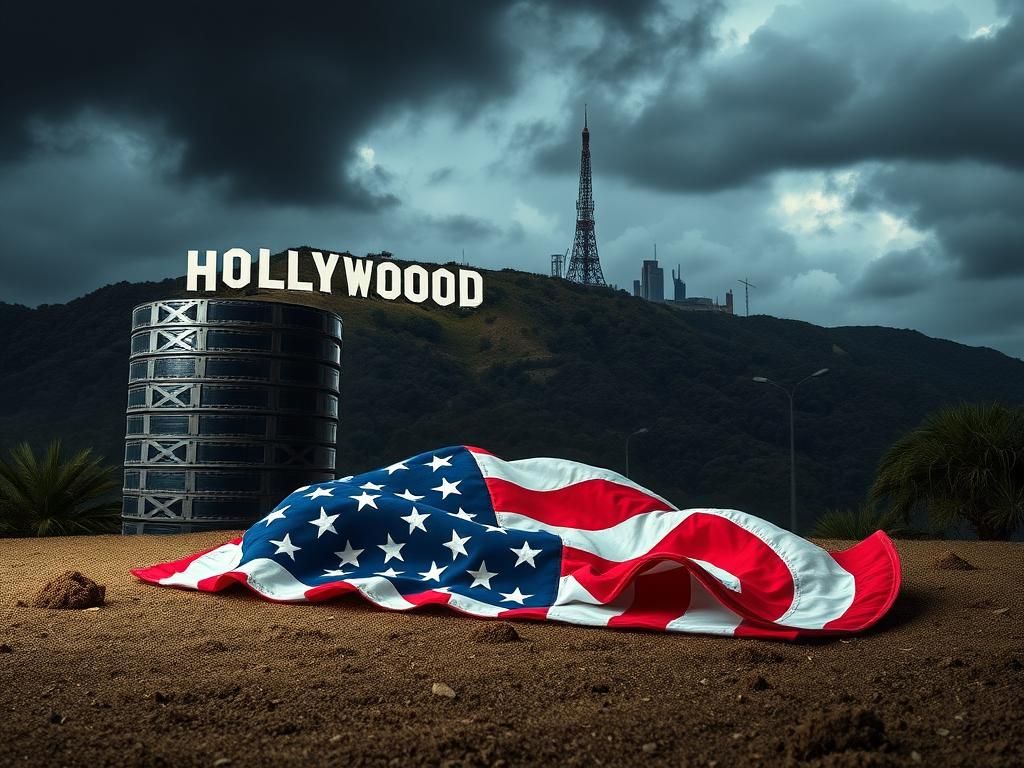 Flick International A stack of film reels symbolizing foreign movies with the Hollywood sign and storm clouds