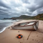 Flick International Overturned panga-style boat washed ashore at Torrey Pines State Beach