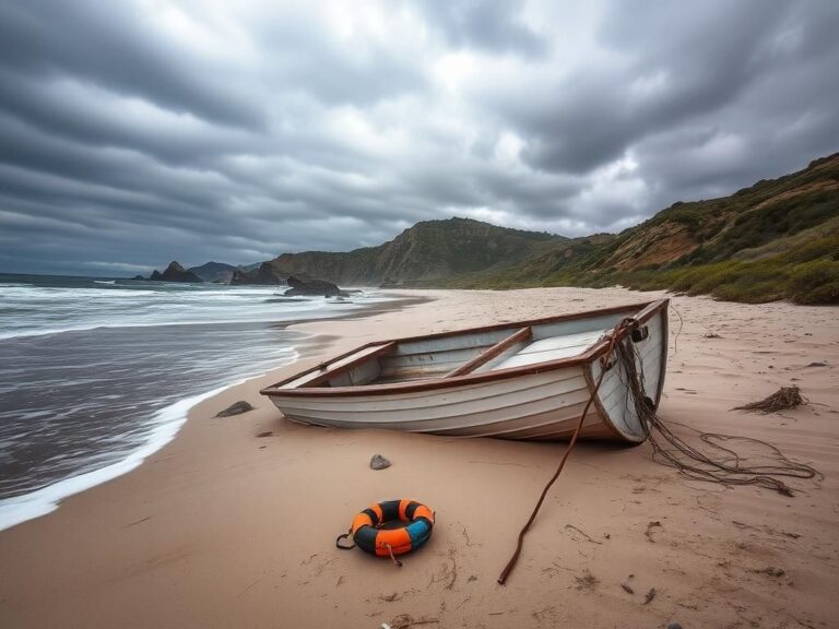 Flick International Overturned panga-style boat washed ashore at Torrey Pines State Beach