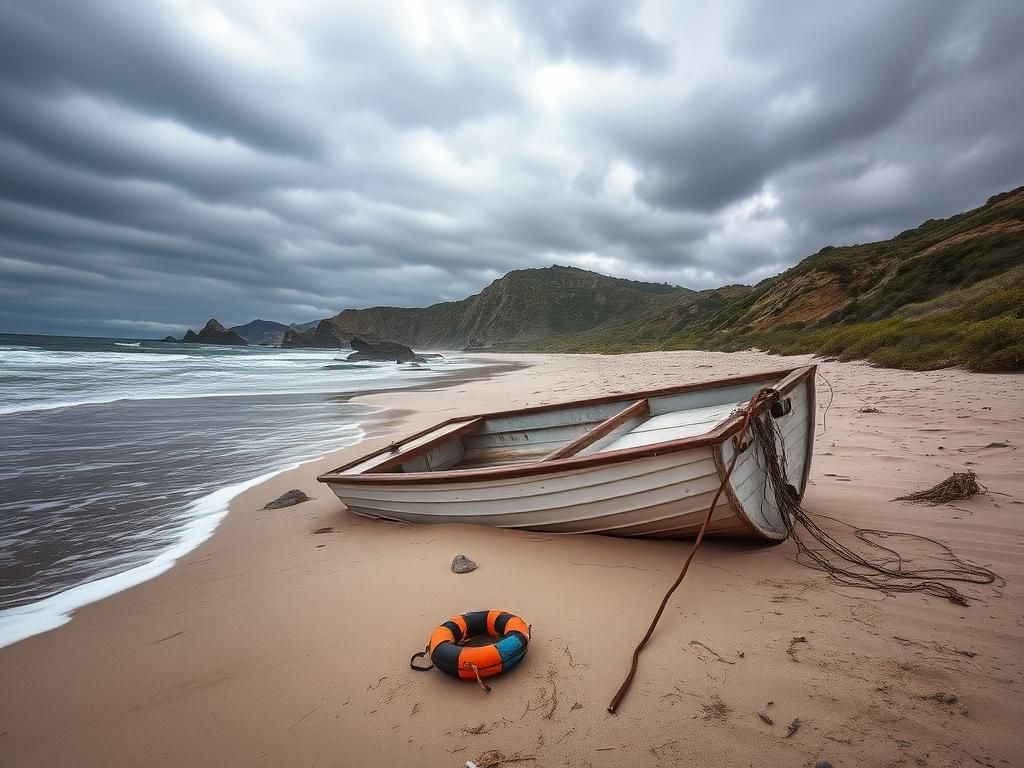 Flick International Overturned panga-style boat washed ashore at Torrey Pines State Beach