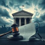 Flick International Dramatic courthouse building under an ominous sky symbolizing the legal battle over HHS cuts