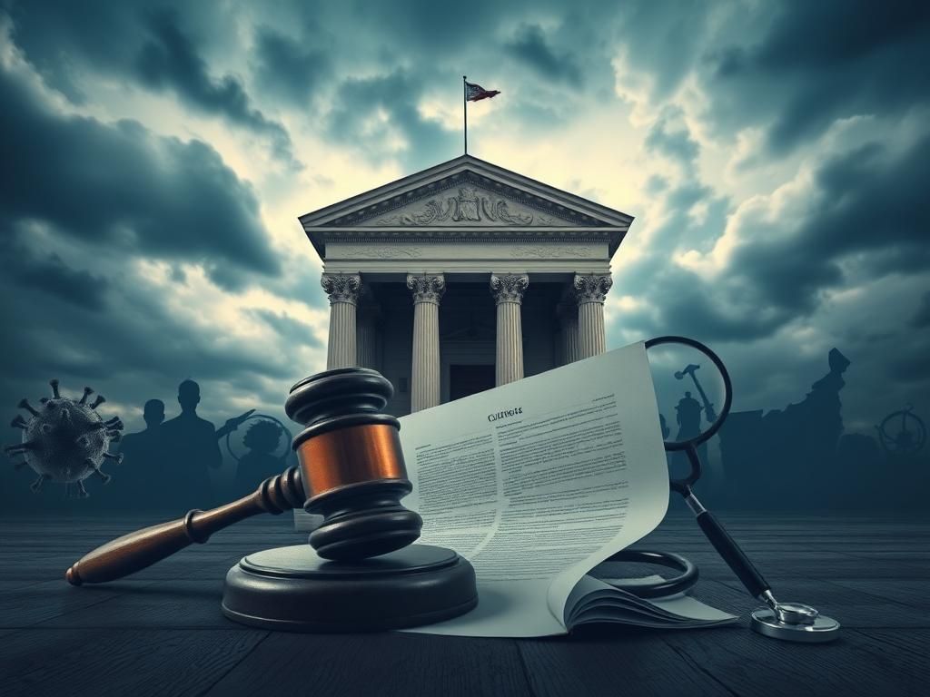 Flick International Dramatic courthouse building under an ominous sky symbolizing the legal battle over HHS cuts