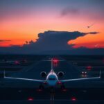 Flick International Aerial view of a busy airport runway at twilight with a grounded aircraft and emergency vehicles reflecting lights amid a tense atmosphere.
