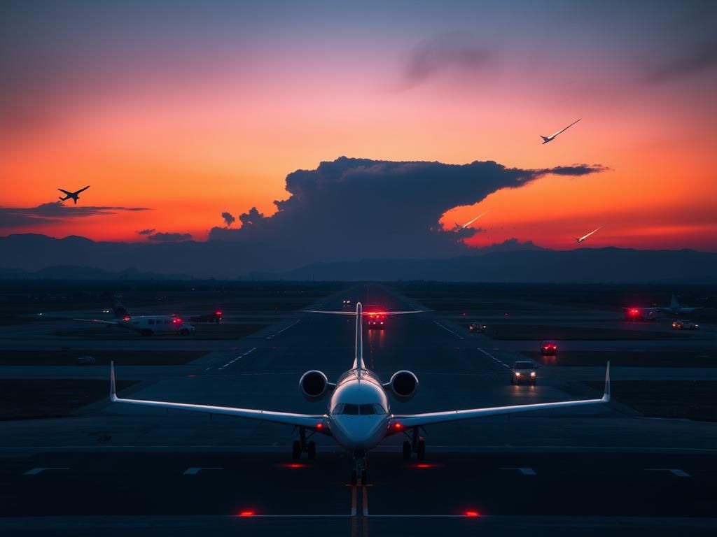 Flick International Aerial view of a busy airport runway at twilight with a grounded aircraft and emergency vehicles reflecting lights amid a tense atmosphere.