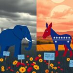 Flick International Stylized depiction of a blue elephant and red donkey in a political landscape representing Democratic and Republican party tensions in California.