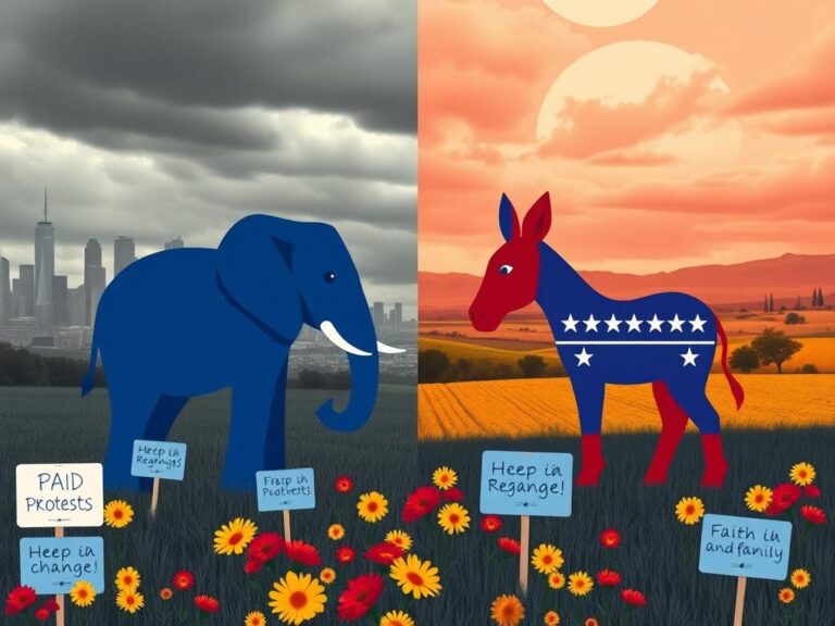 Flick International Stylized depiction of a blue elephant and red donkey in a political landscape representing Democratic and Republican party tensions in California.
