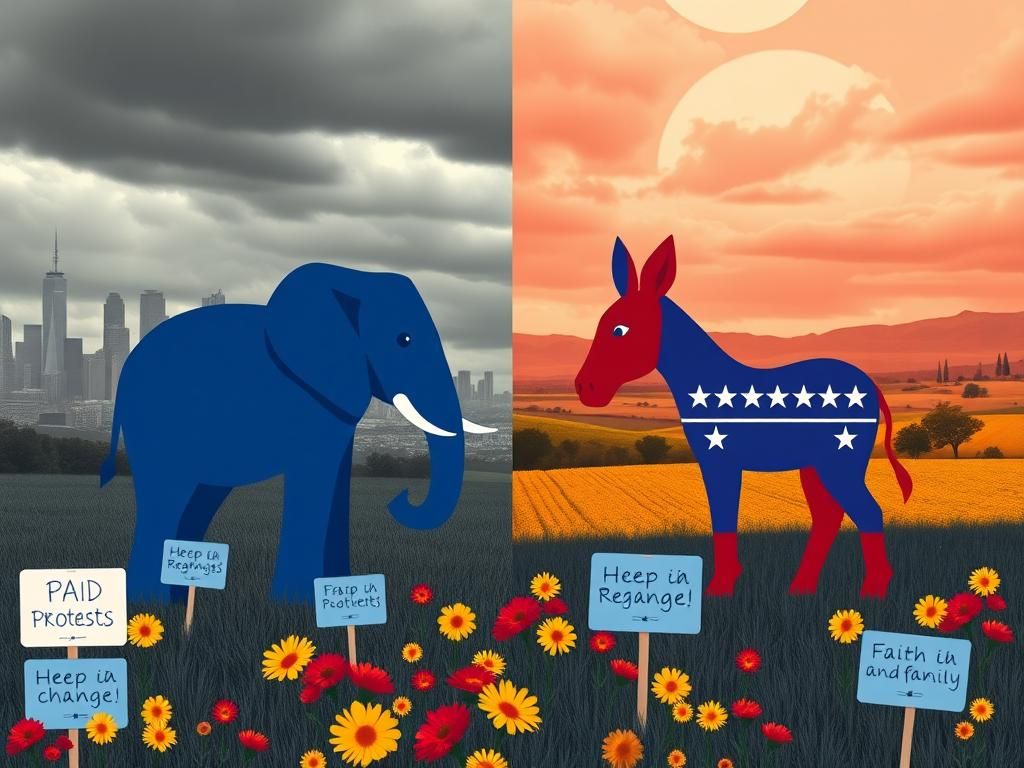 Flick International Stylized depiction of a blue elephant and red donkey in a political landscape representing Democratic and Republican party tensions in California.
