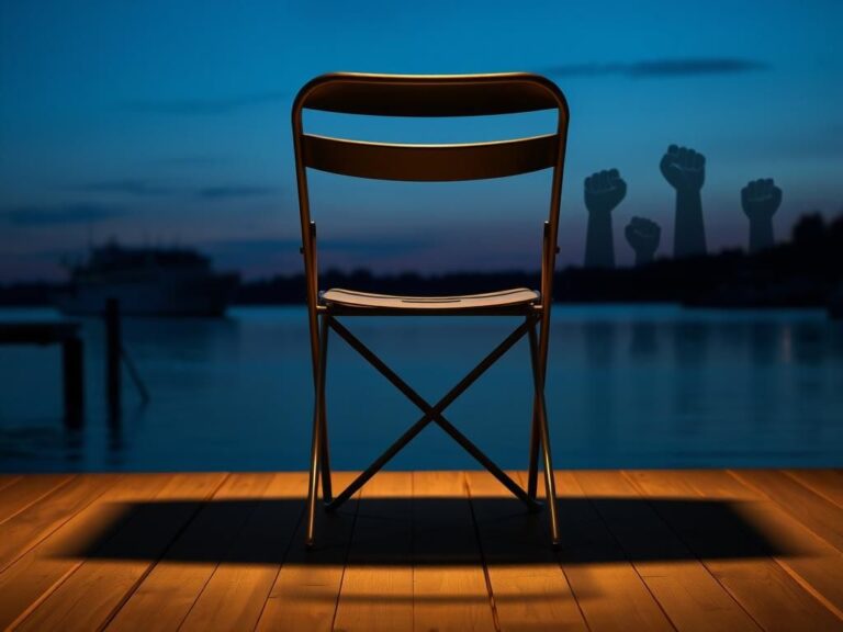 Flick International Sturdy metal folding chair on a wooden dock at twilight representing resilience