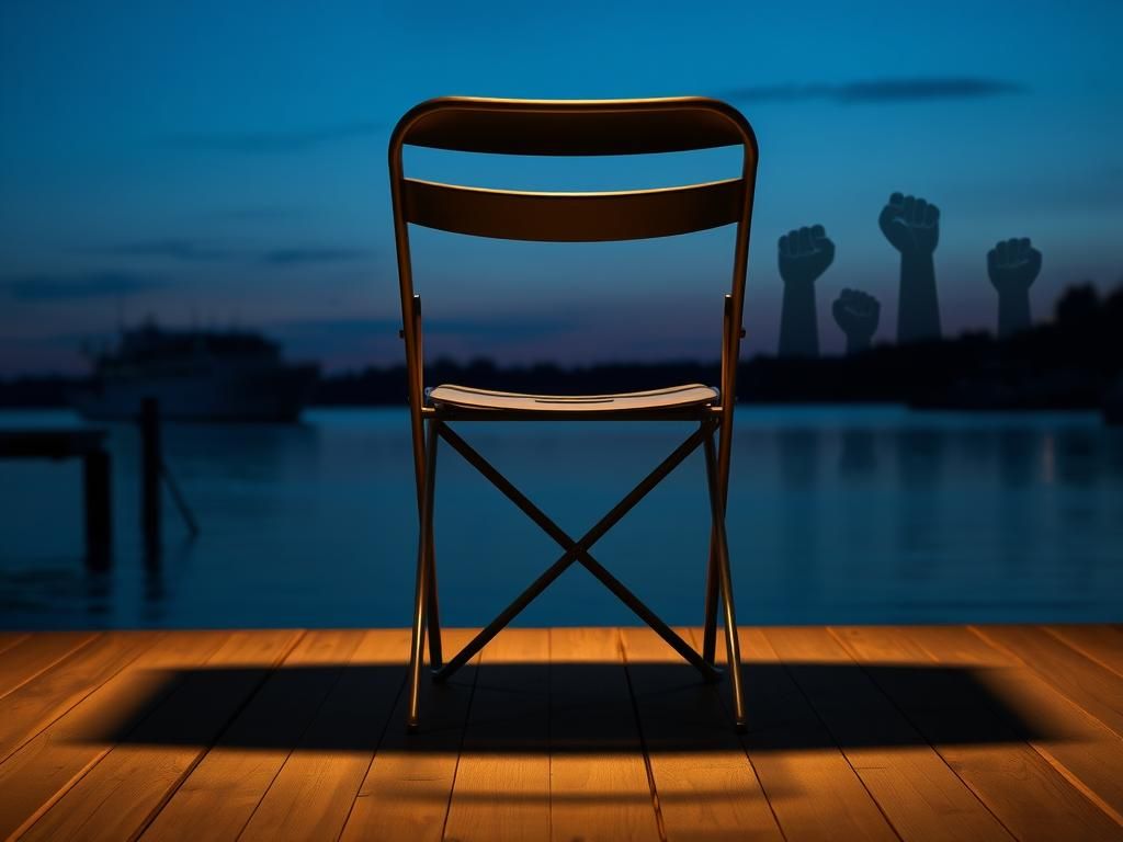 Flick International Sturdy metal folding chair on a wooden dock at twilight representing resilience
