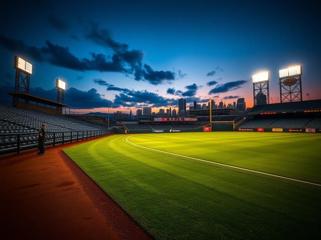 Flick International Empty right field bleachers at PNC Park under evening sky