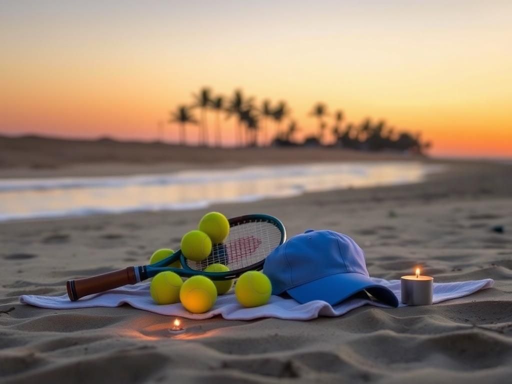 Flick International Tennis equipment and graduation cap resting on a beach towel