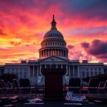 Flick International Dramatic sunset over the U.S. Capitol building with a debate stage in the foreground